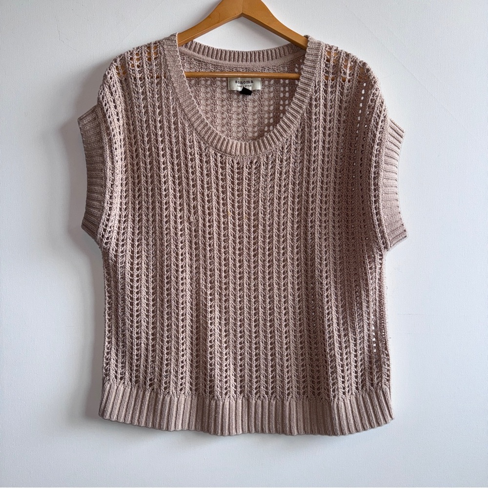 Sonoma Crochet Knit Sweater Tan Women Size Large Short Sleeve Boho Cotton Soft